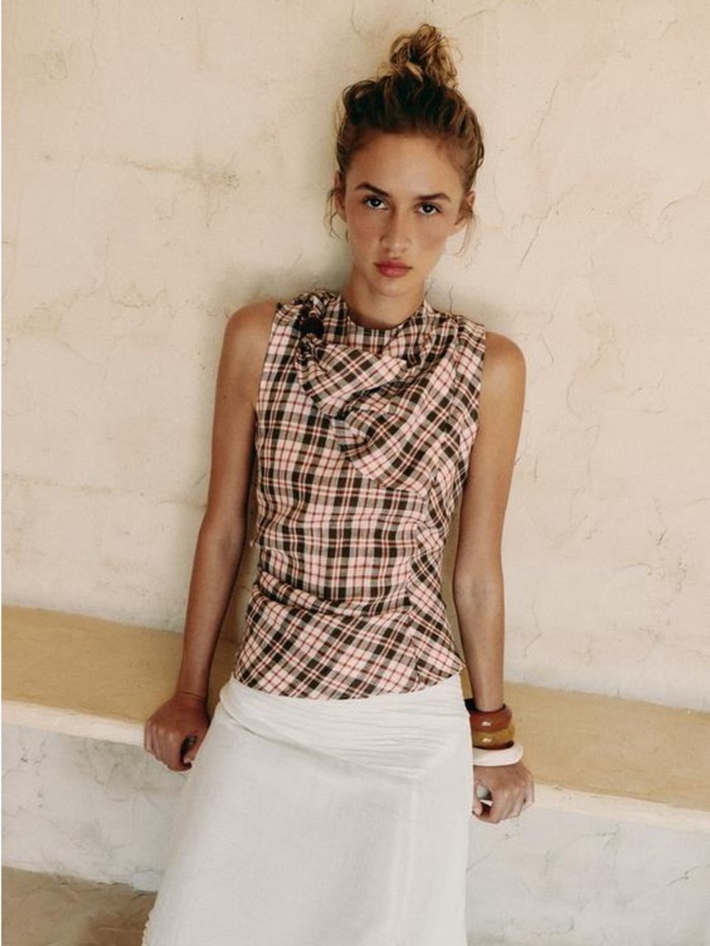 Zara 100% linen Pink Plaid Sleeveless Ruffle-Neck Camisole